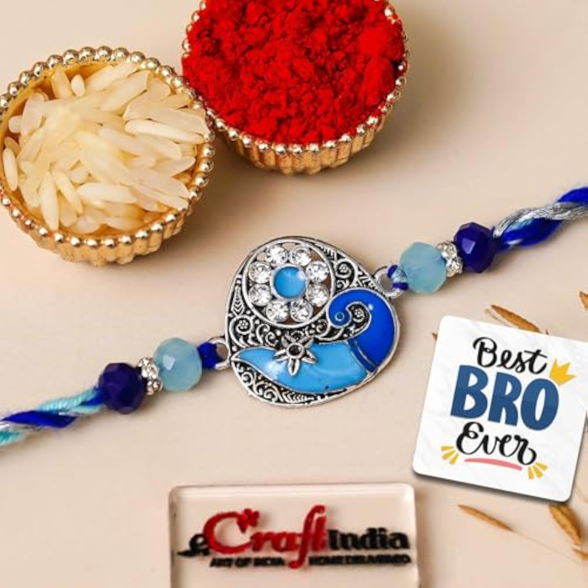 Blue Designer Peacock Rakhi for Brother with Gift Combo Set
